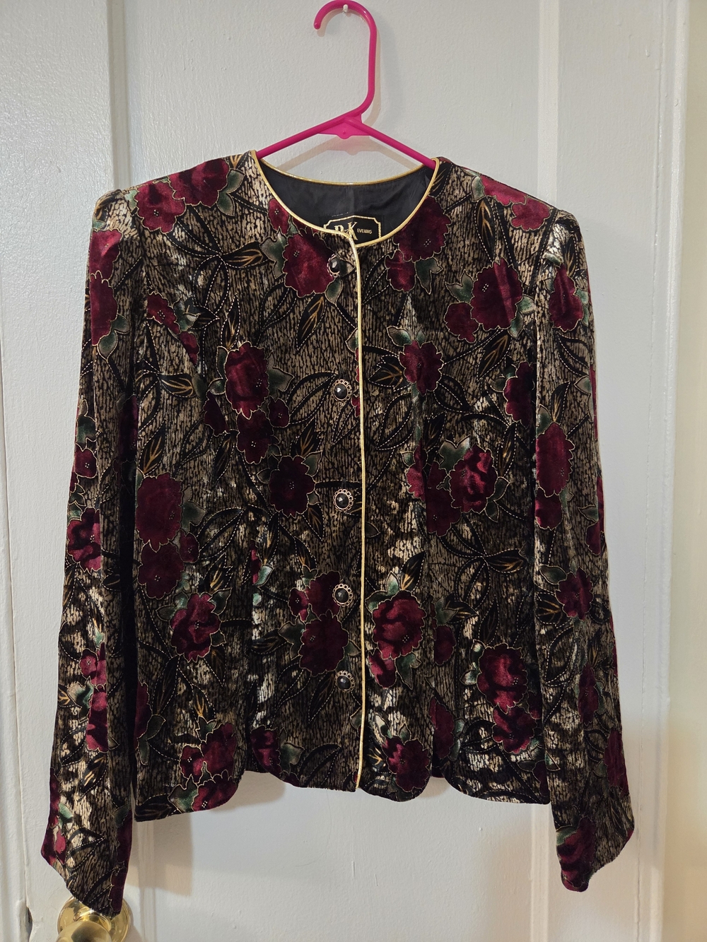 Vintage R&K Evening Women's Red  Gold Burnout Velvet Cardigan Gold Trim Size 10P